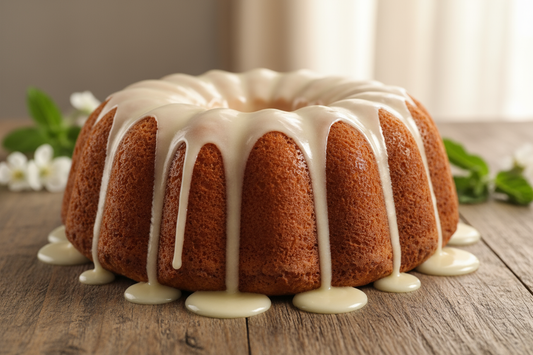 Large round vanilla bundt cake with glaze. Make it look moist with natural background